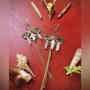 Handmade Gold Butterfly Moon Brass Cut Out Quartz Crystal Tassel Dangle Earrings